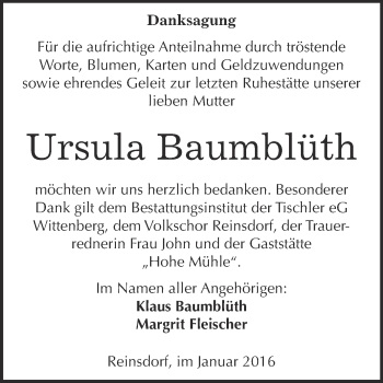 Traueranzeige von Ursula Baumblüth von WVG - Wochenspiegel Wittenberg
