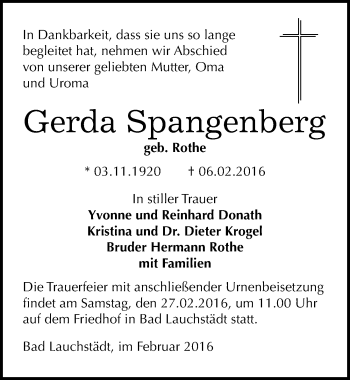 Traueranzeige von Gerda Spangenberg von Mitteldeutsche Zeitung Merseburg/Querfurt