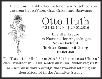 Traueranzeige von Otto Huth von WVG - Wochenspiegel Dessau / Köthen