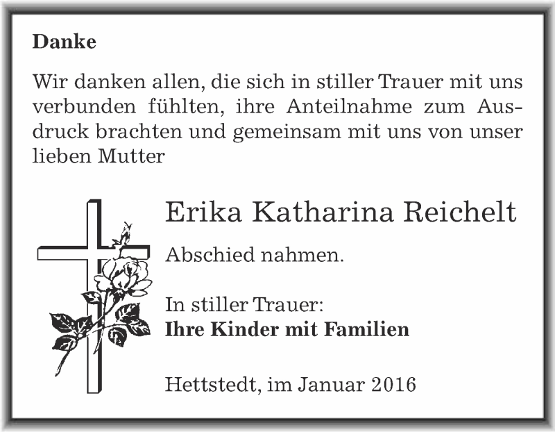  Traueranzeige für Erika Katharina Reichelt vom 10.02.2016 aus Wochenspiegel Mansfelder Land
