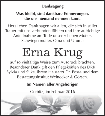 Traueranzeige von Erna Krug von Super Sonntag Bernburg