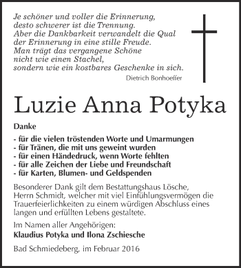 Traueranzeige von Luzie Anna Potyka von WVG - Wochenspiegel Wittenberg