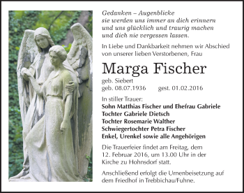 Traueranzeige von Marga Fischer von Mitteldeutsche Zeitung Köthen