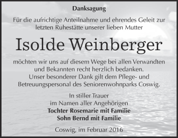 Traueranzeige von Isolde Weinberger von Super Sonntag Wittenberg