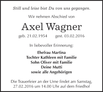 Traueranzeige von Axel Wagner von Super Sonntag Wittenberg