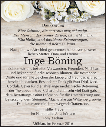 Traueranzeige von Inge Böning von Mitteldeutsche Zeitung Wittenberg