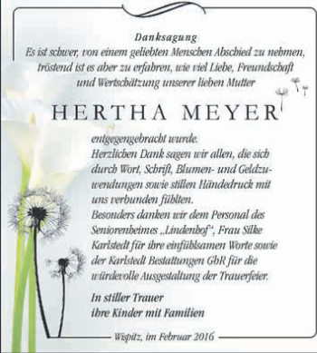 Traueranzeige von Hertha Meyer von WVG - Wochenspiegel Dessau / Köthen