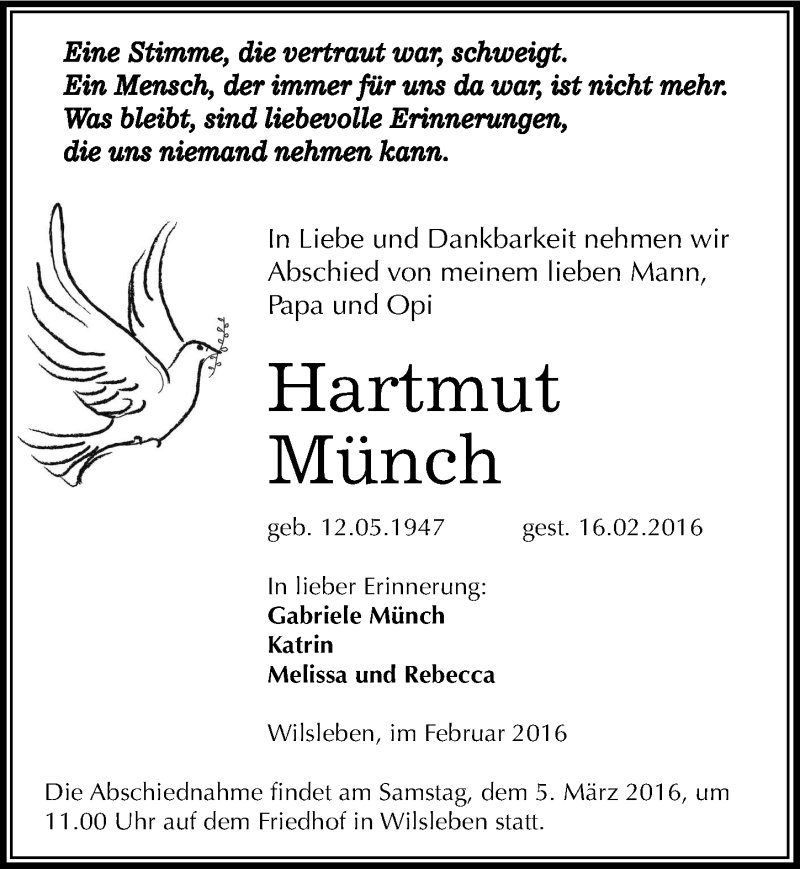  Traueranzeige für Hartmut Münch vom 20.02.2016 aus Mitteldeutsche Zeitung Aschersleben