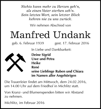 Traueranzeige von Manfred Undank von Mitteldeutsche Zeitung Weißenfels