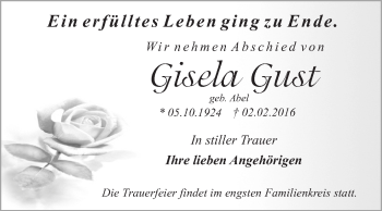 Traueranzeige von Gisela Gust von WVG - Wochenspiegel Dessau / Köthen
