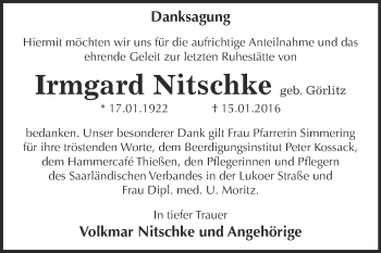 Traueranzeige von Irmgard Nitschke von WVG - Wochenspiegel Dessau / Köthen