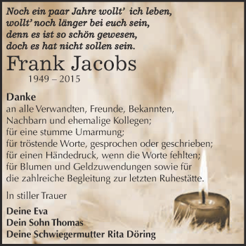 Traueranzeige von Frank Jacobs von WVG - Wochenspiegel NMB / WSF / ZTZ
