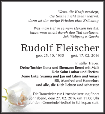 Traueranzeige von Rudolf Fleischer von Mitteldeutsche Zeitung Merseburg/Querfurt