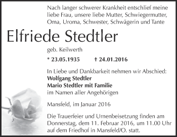 Traueranzeige von Elfriede Stedtler von Wochenspiegel Mansfelder Land