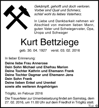 Traueranzeige von Kurt Bettziege von Mitteldeutsche Zeitung Zeitz