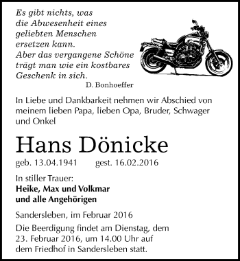 Traueranzeige von Hans Dönicke von Mitteldeutsche Zeitung Mansfelder Land