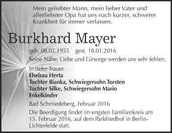 Traueranzeige von Burkhard Mayer von WVG - Wochenspiegel Wittenberg