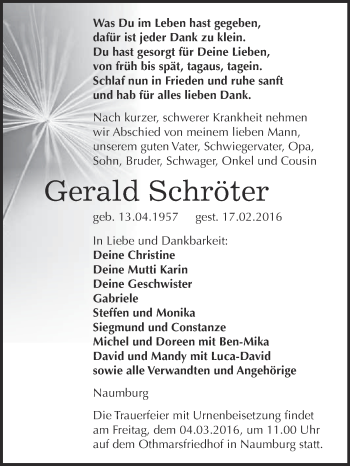 Traueranzeige von Gerald Schröter von WVG - Wochenspiegel NMB / WSF / ZTZ