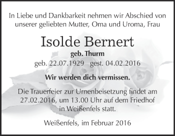 Traueranzeige von Isolde Bernert von Super Sonntag Zeitz