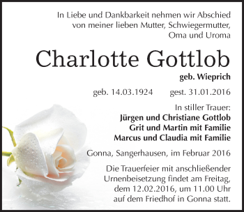 Traueranzeige von Charlotte Gottlob von Mitteldeutsche Zeitung Sangerhausen