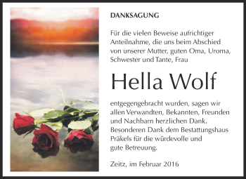 Traueranzeige von Hella Wolf von Super Sonntag Zeitz