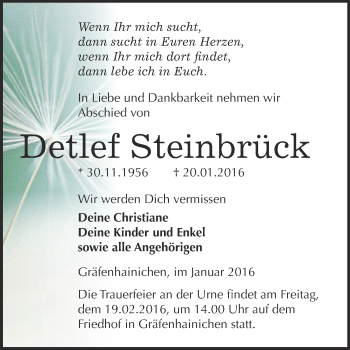 Traueranzeige von Detlef Steinbrück von WVG - Wochenspiegel Wittenberg