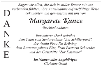 Traueranzeige von Margarete Kunze von WVG - Wochenspiegel Dessau / Köthen