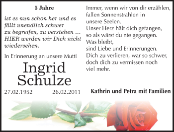 Traueranzeige von Ingrid Schulze von Mitteldeutsche Zeitung Bernburg