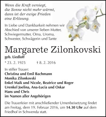 Traueranzeige von Margarete Zilonkovski von Wochenspiegel Mansfelder Land