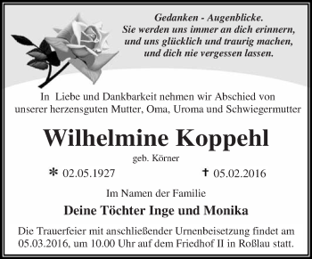Traueranzeige von Wilhelmine Koppehl von WVG - Wochenspiegel Dessau / Köthen