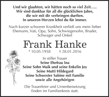 Traueranzeige von Frank Hanke von WVG - Wochenspiegel Dessau / Köthen
