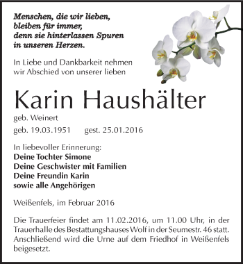 Traueranzeige von Karin Haushälter von Mitteldeutsche Zeitung Weißenfels