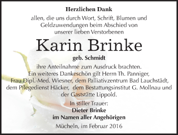 Traueranzeige von Karin Brinke von Mitteldeutsche Zeitung Merseburg/Querfurt