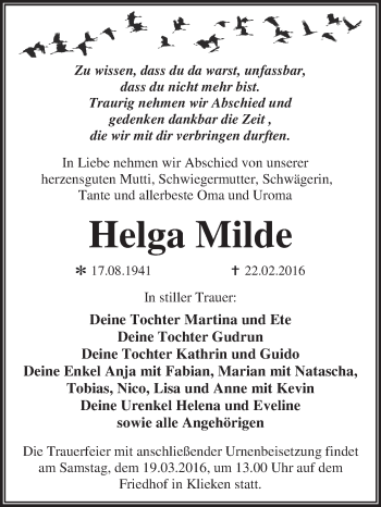 Traueranzeige von Helga Milde von WVG - Wochenspiegel Dessau / Köthen