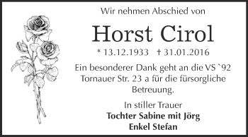 Traueranzeige von Horst Cirol von WVG - Wochenspiegel Dessau / Köthen