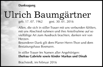 Traueranzeige von Ulrich Baumgärtner von Mitteldeutsche Zeitung Halle/Saalkreis