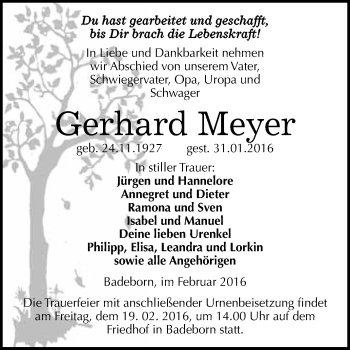 Traueranzeige von Gerhard Meyer von WVG - Wochenspiegel Quedlinburg