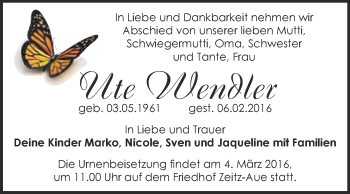 Traueranzeige von Ute Wendler von Super Sonntag Zeitz
