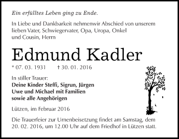 Traueranzeige von Edmund Kadler von WVG - Wochenspiegel NMB / WSF / ZTZ