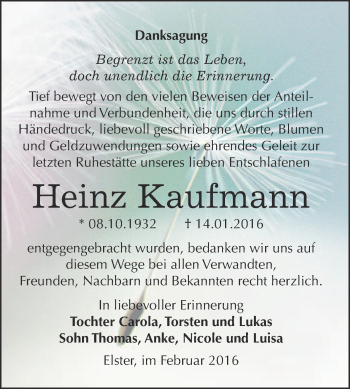 Traueranzeige von Heinz Kaufmann von WVG - Wochenspiegel Wittenberg