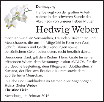 Traueranzeige von Hedwig Weber von Mitteldeutsche Zeitung Merseburg/Querfurt