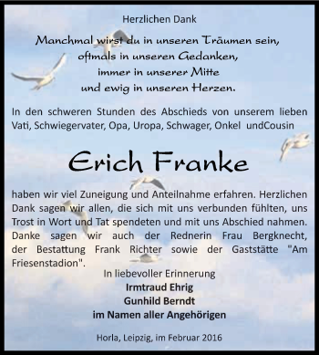 Traueranzeige von Erich Franke von Super Sonntag SGH Mansf. Land