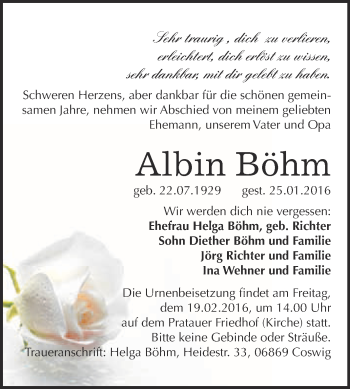 Traueranzeige von Albin Böhm von WVG - Wochenspiegel Wittenberg