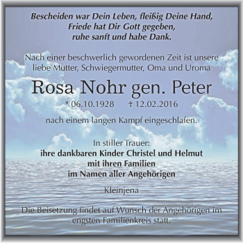 Traueranzeige von Rosa Nohr von WVG - Wochenspiegel NMB / WSF / ZTZ
