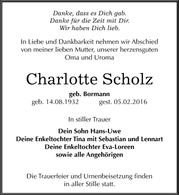 Traueranzeige von Charlotte Scholz von Mitteldeutsche Zeitung Bitterfeld