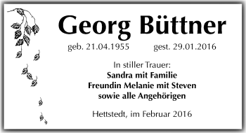 Traueranzeige von Georg Büttner von Mitteldeutsche Zeitung Mansfelder Land