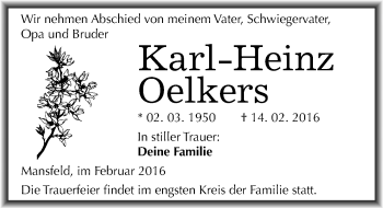 Traueranzeige von Karl-Heinz Oelkers von Mitteldeutsche Zeitung Mansfelder Land