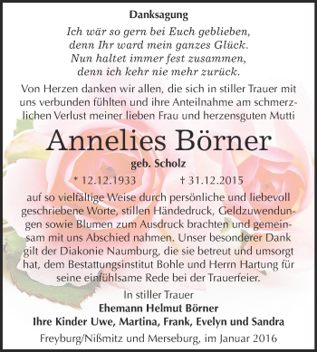 Traueranzeige von Annelies Börner von Super Sonntag Merseburg