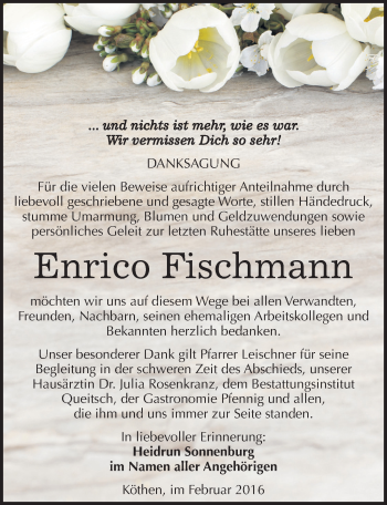 Traueranzeige von Enrico Fischmann von Mitteldeutsche Zeitung Köthen