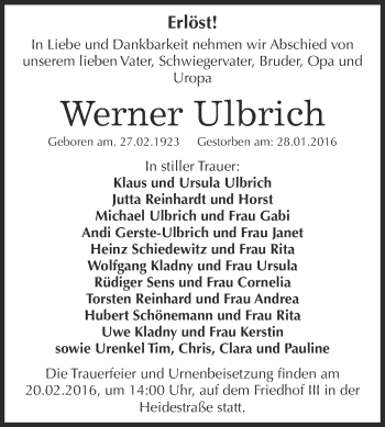 Traueranzeige von Werner Ulbrich von WVG - Wochenspiegel Dessau / Köthen